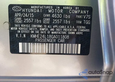 2016 Hyundai Sonata Hybrid Se from USA, damaged, VIN KMHE24L18GA011808